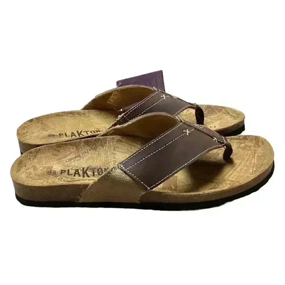 Plakton Women 10.5 43 Leather Cork Flat Thong Slide Sanals Brown Embroidery NEW - Picture 3 of 7